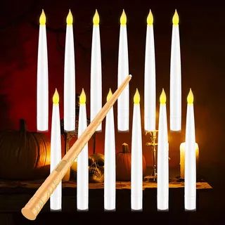 Coovee Flammenlose LED Kerze mit Zauberstab Fernbedienung, 12 Stück Halloween Schwimmende Kerzen, Batteriebetriebene, Warmes Licht Flackernde Kegelkerze für Weihnachten Dekoration, Weiß