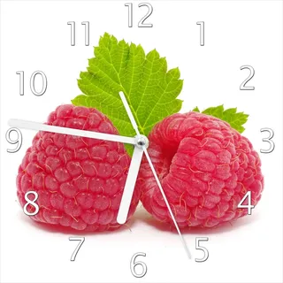 Wallario Design Wanduhr Himbeeren mit grünem Blatt auf weißem Grund aus Echtglas, Größe 20 x 20 cm - Weiß