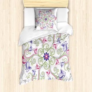 ABAKUHAUS Floral Bettbezug Set für Einzelbetten, Mandala Inspiriertes Blumen, Milbensicher Allergiker geeignet mit Kissenbezug, Blau Violett Magenta Blasses Olivengrün Rosa - Blau