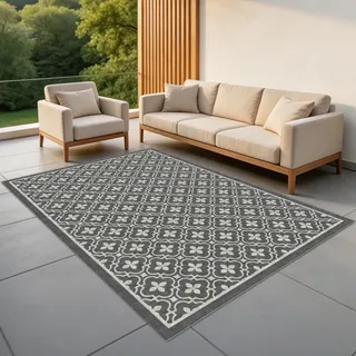 Outdoor Teppich Wetterfest 160x230CM, Frühling Camping Teppich, Wasserdicht Balkon Terrasse Matte Rug Carpet für Garten Patio RV Picknick, Rug UV-Beständig Waschbar Tragbar, Graue Blume.