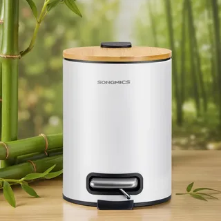 SONGMICS Kosmetikeimer, Mülleimer Bad, mit Deckel aus Bambus, Tretmülleimer mit Metallpedal, Inneneimer herausnehmbar, Softclose, für Badezimmer, 3 Liter, wolkenweiß LTB113WZ01
