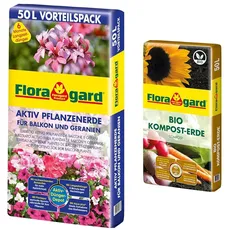 Floragard Aktiv Pflanzenerde für Balkon und Geranien 50 Liter - mit 6 Monate Langzeitdünger & Bio Kompost-Erde 50 Liter – Pflanzerde für Blumen, Gemüse und Gehölze – mit Bio-Dünger - Gartenerde