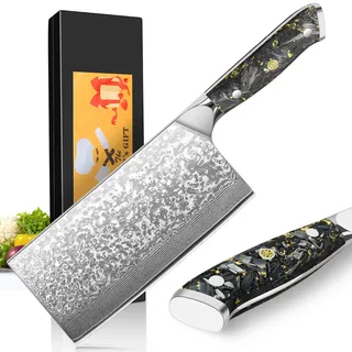 kyushublade Hackmesser Damast Küchenmesser 7 Zoll, Profi Chinesisches Kochmesser, Hack Messer 67 Schichten Damaststahl Stahlmesser-Ultra Scharfe Messer Einzigartiges Griff für Küche & Restaurant