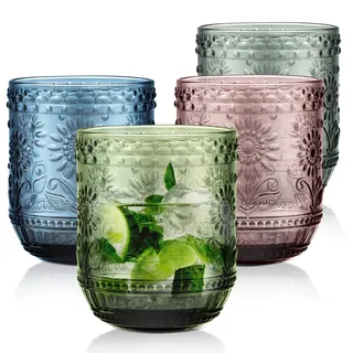 Joeyan Trinkgläser Set Bunte, 4 teiliges 360 ml Hochwertige Gläser Set für 4 Personen, Farbig Wassergläser Spülmaschinenfest, Saftgläser, Modernes Blume Embossed Design für Picknicks, Camping, Partys