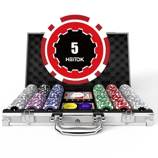 heitok Pokerchips-Set mit Wertigkeiten, 300 Stück 11,5g professionelle nummerierte Chips mit Aluminiumkoffer, inklusive 5 Würfeln & 2 Kartenspielen für Texas Hold'em