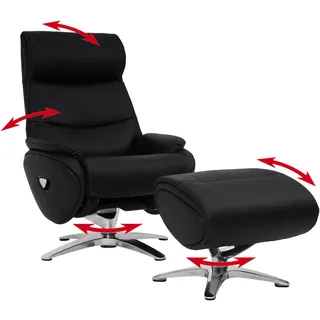 Relaxsessel mit Hocker HWC-K98, Fernsehsessel Sessel, Liegefunktion drehbar, Metall Echtleder/Kunstleder schwarz - Schwarz