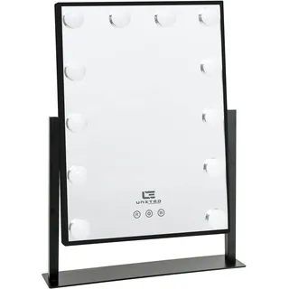 United Entertainment Hollywood Schminkspiegel mit dimmbarer LED-Beleuchtung, schwarzer Tischspiegel mit 12 LEDs, 360 Grad drehbar Kosmetikspiegel mit Smart Touch-Schalter und Memory-Funktion, 30x40 cm