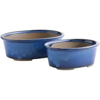 Wazakura Banko Serie 2-teiliges Handgefertigtes Bonsai Topf-Set mit Ablauflöchern, Hergestellt in Japan, Keramik Garten Schale, Dekorative Ovale Blumenvase, Glasiert – Blau Rund 2-teiliges Set