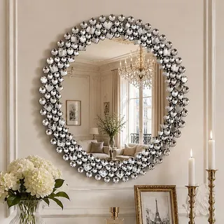 SHYFOY 45cm Runder Spiegel Silber Spiegel Rund Wandspiegel mit luxuriöser Schmuckdekoration für Badezimmer, Waschtisch, Wohnzimmer, Schlafzimmer, Eingang Wanddekoration