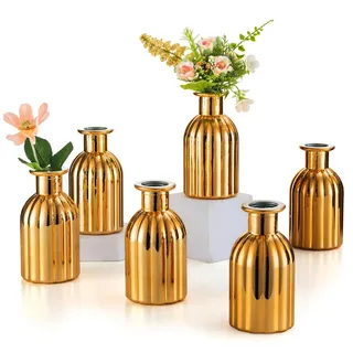 Inweder Glasvase für Weihnachten Tischdeko - Satz von 6 Kleinen Blumenvasen Vintage Gerippte Knospe Vase Glas Gold Glasflaschen Hochzeitsdeko Tisch Pflanze Propagation Station Raumdeko Wohnzimmer