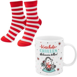 SHEEPWORLD Tassen-Socken-Set bestehend aus einer Tasse mit Motivdruck: \"Kuscheln, "Chillen" Glühwein killen!' und einem Paar Socken in Größe 36-40 | Geschenk Weihnachten, Nikolaus, Advent | 51122