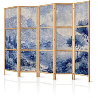 Muralo Paravent Japanischer 5-tlg 225x172 cm Blaue Landschaft , Holz, Textil , Pinie , Landschaft/Berg , Rechteckig , 225x172x3 cm , Wohnzimmer, Raumteiler, Paravents