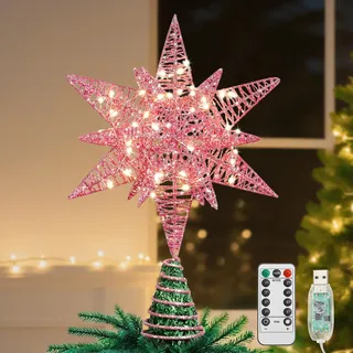 Lewondr Weihnachtsbaum Spitze Stern, 3D Sechseckig LED Lampe Weihnachtsstern Baumspitze mit Timer/8 Lichtmodi, USB-betrieben Fernbedienung Weihnachtsdeko Weihnachtsbaum Stern,Warmes Licht, Rosa