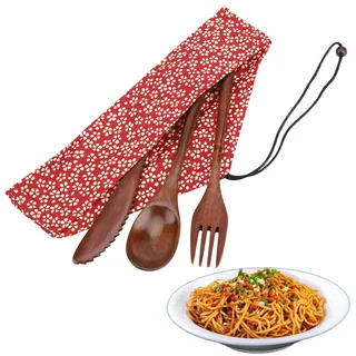 Bambus Geschirr Set, Japanischen Stil Wiederverwendbare Besteck Reisegeschirr Camping Besteck, Messer Gabel Löffel mit Roter Aufbewahrungstasche, Geschenkideen, Aufbewahrungstasche Inklusive
