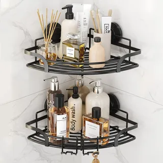 TAILI Duschablage Ohne Bohren,Einstellbar Ecke Dusche Caddy Saugnapf 2er Set Dusche Zubehör mit Haken Rostfrei Schwarz Duschregal Organisator für Küche Badezimmer