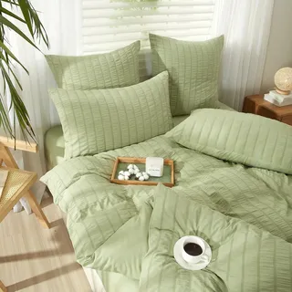 YASMENG Seersucker Bettwäsche 135x200 Grün Gestreift Bettwäsche Seersucker Modern Bettwäsche Mikrofaser Weich Atmungsaktiv Bettbezug Set 2teilig mit Reißverschluss und 80x80 cm Kissenbezug