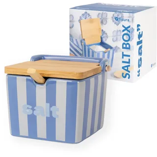 Fisura – Origineller Salzbehälter "salt“ in Blau. Extra großer, quadratischer Salzstreuer aus Keramik mit Holzdeckel und Löffel. Auch als Zuckerdose oder Gewürzbehälter. 10 x 10 x 9 cm.