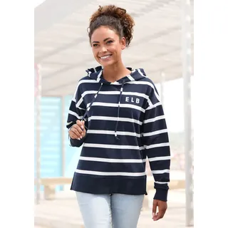Kapuzensweatshirt ELBSAND "Marvi", Damen, Gr. M (38), blau (marine, weiß), Sweatware, Obermaterial: 95% Baumwolle, 5% Elasthan, gestreift, figurumspielend hüftbedeckend, Rippbündchen, Sweatshirts Kapuzensweatshirt, mit Logoprint