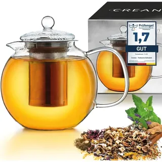 Creano Teekanne aus Glas 1,3l, 3-Teilige Glasteekanne mit Integriertem Edelstahl-Sieb und Glas-Deckel, Ideal zur Zubereitung von Losen Tees, tropffrei, All-in-One