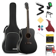 Donner Guitar Acoustic Beginners Full Size Acoustic Guitar Adult Set 4/4 Dreadnought 41 Inch with Gig Bag Capo Plectrums Strap Strings (Black)