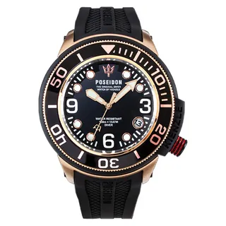 Kienzle Taucheruhr 45 mm Quarz Miyota 2115 Datum 150 m wasserdicht Einseitige Lünette verschraubte Krone 4 Uhr Schwarz Silikonband Roségold IP - Schwarz