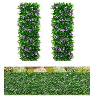 Qisino Künstlicher Efeuzaun und lila Blumen, erweiterbare Gartengitterplatten für Balkon, Terrasse, Außenbereich, dekorative Efeuzaunpaneele, künstliche Efeu, Hecken (2)