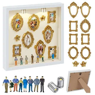 Homgaty Mini Museum Bilderrahmen Vintage,Foto Erinnerungsanzeige Set mit 2 Engel & 8 Mini Rahmen & 8 Zufällig Figuren, Kreatives Bilderrahmen mit LED Licht für Jahrestag, Hochzeit