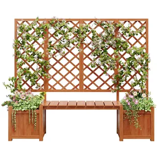 Komhtom Blumenkasten mit Spalier und Sitz für Garten Hof Terrasse,Braun , Holz , Holz Optik , Rechteckig , 42x145x169 cm , Gartenmöbel, Gartenbänke