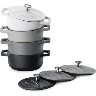 Navaris Mini Cocotte Set - 4x Gusseisen Mini Topf Schwarz Weiß - Optimale Wärme Distribution - Mini Auflaufform mit Deckel - Kleine Dessert Töpfe - Auflaufförmchen backofenfest