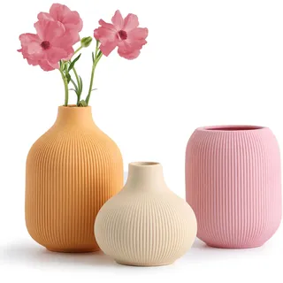 Deko-Keramikvase, kleines Boho-Vasen-Set für Zuhause, Moderne, minimalistische, rustikale Blumenvase für Regal, Tisch, Bücherregal, Kaminsims und Eingang (Rosa + Hellgelb + Orange)