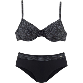 Bügel-Bikini KANGAROOS, Damen, Gr. 38, Cup D, schwarz (schwarz, bedruckt), Polyamid, Melange-Effekt, kontrastfarbene Details, Bikini-Sets Bügel-Bikini, mit höher geschnittener Hose, Topseller