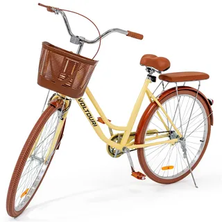 Damen Citybike 28 Zoll VOLTOURI Retro Fahrrad Korb Gepäckträger Stahlrahmen 17" Hellgelb - Gelb