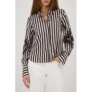 Klassische Bluse MONARI "Bluse Streifen + Stick", Damen, Gr. 40, schwarz-weiß (dk chocol ger), Web, Obermaterial: 60% Modal, 40% Baumwolle, geringelt, regular fit taillenbedeckt, Rundhals, eingesetzt Manschette, Blusen Klassische Bluse, Regular fit mit Kordelstickerei