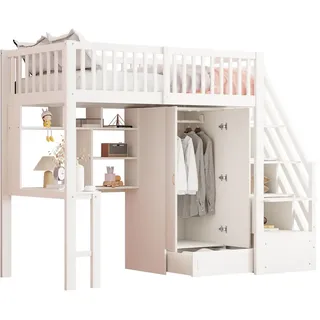 Stilvora Hochbett 90/200 cm in Weiß mit Kleiderschrank, Schreibtisch, Regal und Schubladen , Holz , 90x200 cm , Babymöbel & Kindermöbel, Kinderzimmer & Jugendzimmer, Kinderbetten, Hochbetten