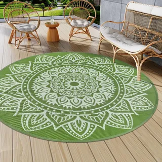 Famibay Outdoor Teppich Wetterfest 240cm Runde Groß Outdoorteppich Kunststoff UV-Beständig Faltbar Leichtgewicht Grün Teppich Outdoor Terrasse Balkon Camping