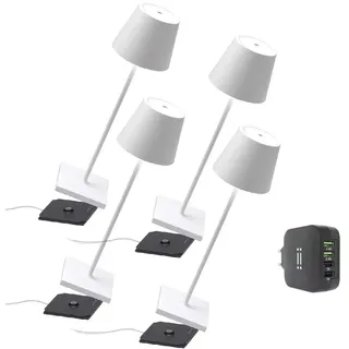 [Amazon Exclusive] Zafferano Kit 4x Poldina Pro Kabellose LED-Tischlampe Wiederaufladbar Touch-Dimmer - IP65 Innen/Außeneinsatz, Aluminium, H38cm mit Mehrfach-USB-Ladegerät, Weiß