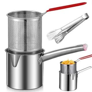 GOMETY 1.8L Frittiertopf aus 304 Edelstahl, Fettbehälter Ölfiltertopf mit Feinmaschfilter, Sieb und Ausschneiden für Küche/Camping - geeignet für alle Herdarten (Fritteusen-Set)