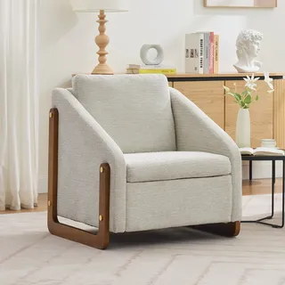 okwish Sessel, Relaxsessel Loungesessel, Esszimmerstuhl mit Armlehne aus Holz, Wohnzimmerstuhl mit Rückenkissen, Chenillestoff,Beige - Beige