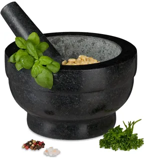Relaxdays XXL Granit Mörser mit Stößel Ø 20 cm 1 l schwarz