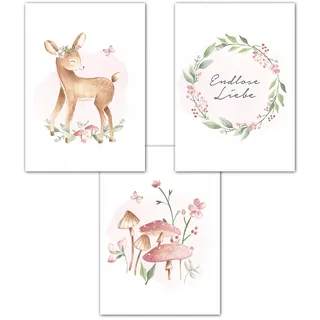 Lemmami Papeterie 3er Set Wandbilder Kinderzimmer Babyzimmer Poster Bilder DIN A4 Mädchen Jungen Deko Dekoration Waldtiere Reh Blume Spruch (3er Bilder Set Rosa, Pastell, Wanddeko)