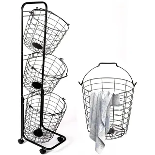 Wäschekorb auf Rollen 3 Fächer Große Wäschesammler 126 x 36 x 33 cm Metall Fahrbar Wäschekorb mit Griffen Wäschesammler Wäschewagen Platzsparend für Badezimmer, Waschküche