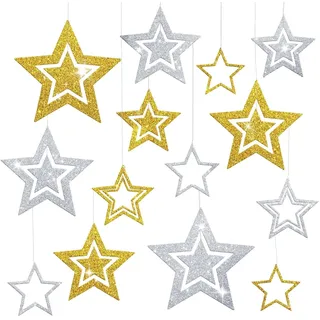 Glitzer Sterne zum Aufhängen Gold Silber,14 STK Weihnachtsdeko Stern zum Aufhängen,Weihnachtssterne Deko,Weihnachtsanhänger Deko Sterne Weihnachten für Weihnachtsbaum,Deckenhänger,Neujahr Winter Deko