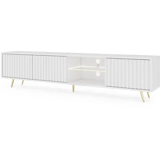 Selsey TV Schrank Board Sideboard Fernsehtisch Fernsehschrank mit Lamellen Und LED Beleuchtung 175 cm Goldene Beine Weiß Bello