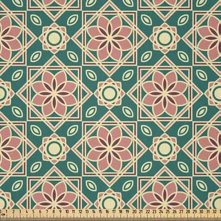 ABAKUHAUS orientalisch Microfaser Stoff als Meterware , Weinlese-Mosaik-Entwurf von Florets Zickzack-Grenze-Oval-Details, 10 M (230 x 1000 cm), Forest Green Pale Pink