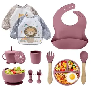 Baby Geschirrset Silikon 12-teilig – BPA-frei Kinderteller mit Saugnapf, Trinklernbecher mit Strohhalm, Silikonlätzchen, Schüssel, Holzlöffel, Babybesteck – Spülmaschinen- & Mikrowellengeeignet