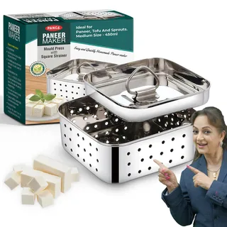PANCA Edelstahl Paneer Maker Form Medium Size Paneer Presse mit Deckel Tofu Presse Formenmacher Molkentrenner (Quadrat, 450ml Kapazität)
