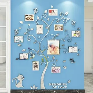 Purekay 3D Wandtattoo Baum DIY Wandaufkleber Family Foto Wand Wall Sticker mit Bilderrahmen Wandsticker Wanddeko Deko kinderzimmer Wohnzimmer Jungen Mädchen Schlafzimmer (Spiegel Silber, S)