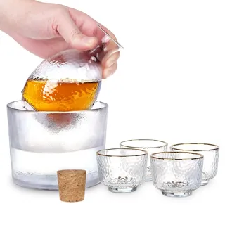 SAWADA Japanisches Sake Set aus Glas | 6 teilig | inkl. Karaffe & Warmhalteschale | Sake Schalen Service