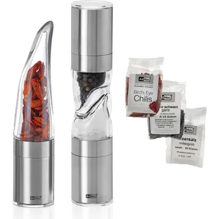 AdHoc Chilimühle Pepe MP203 + Salzmühle & Pfeffermühle Duomill Pure MP900 im Bundle, Chili, Meersalz und schwarzer Pfeffer inklusive