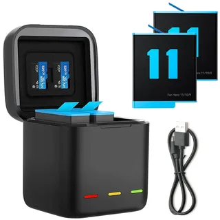 Dreifach-Ladegerät und Akku-Speicherbox mit Ladegerät mit 3 Kanälen mit 2 wiederaufladbaren Akkus, für Hero 12 Hero 11/10/9 Black (1+ 2 Akkus)